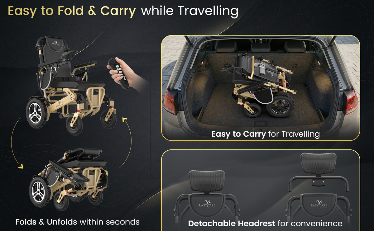 Portable electric wheelchair with features for easy folding, carrying, and use shown in a car trunk.