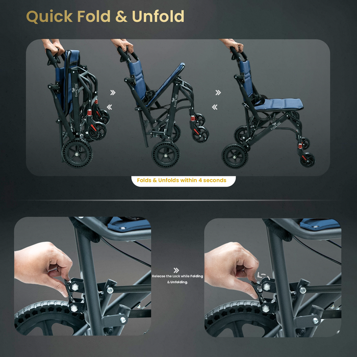 EASYCARE Portable Mild Steel Traveling Wheelchair with 105 kg Weight Capacity, Attendant Brake, Safety Belt, Back Pocket, Carry Bag, and Smooth Mobility for Travel (EC9005)