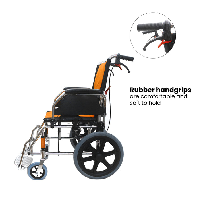 EASYCARE  Portable Aluminum Wheelchair with Locking Hand Brakes, 16” Rear Wheels, Foldable Backrest, Capacity upto 120 Kg