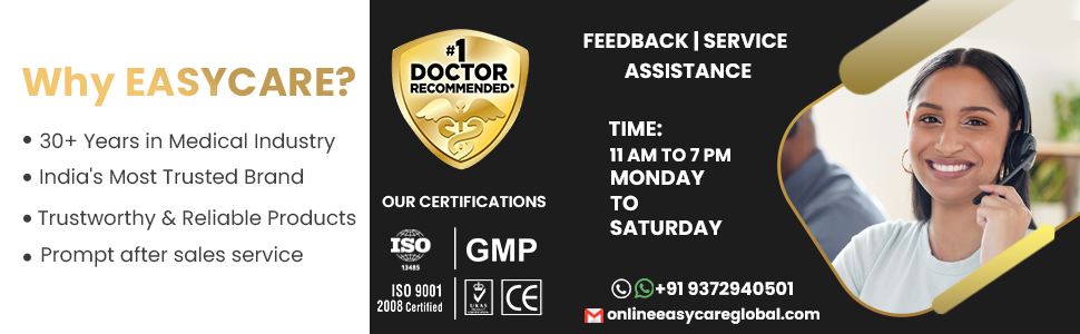 EASYCARE advertisement with contact information and certification logos on a black background