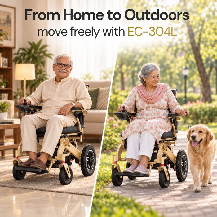 A split promotional image showing an elderly man and an elderly woman using a beige and black EC-304L powered wheelchair in different settings: one indoors in a living room and one outdoors on a paved path with a golden retriever. Large text at the top reads 'From Home to Outdoors move freely with EC-304L'.
