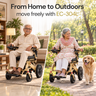 A split promotional image showing an elderly man and an elderly woman using a beige and black EC-304L powered wheelchair in different settings: one indoors in a living room and one outdoors on a paved path with a golden retriever. Large text at the top reads 'From Home to Outdoors move freely with EC-304L'.