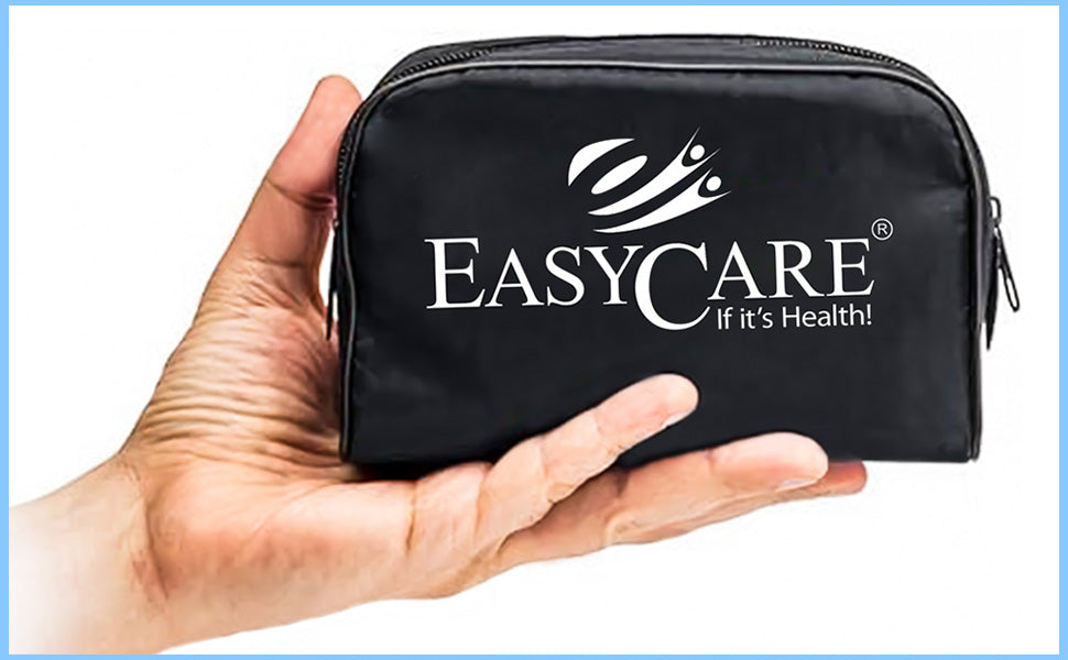 Black pouch with 'Easycare' logo held in a hand against a white background