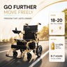 Electric wheelchair with charging information on a scenic road background