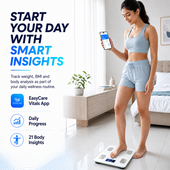 EASYCARE Smart BMI Weighing Scale for Adults | 21 Body Composition Parameters | Bluetooth Smart Sync with App | 180 kg Capacity | Digital Weight & Body Fat Monitor - White