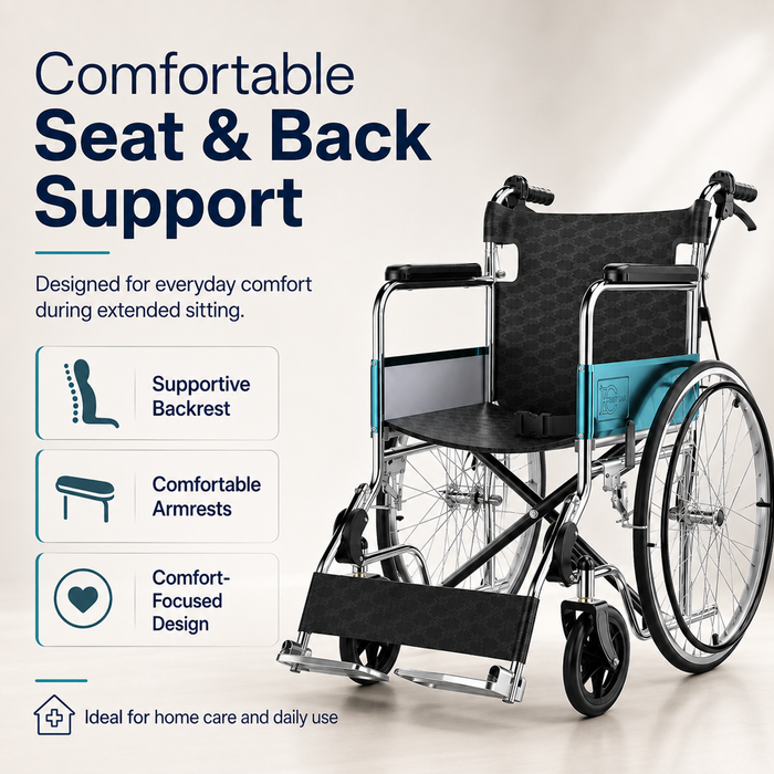 Wheelchair with comfortable seat and back support features on a white background