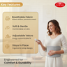 Woman using a fabric heatig pad  with Easycare branding, featuring key features on a beige background.
