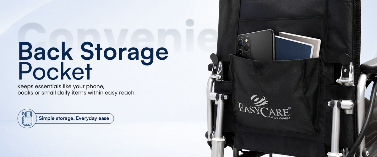 Back storage pocket of a Electric wheelchair with 'EASYCARE' branding on a light gray background.
