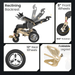 Collage of features of a electric wheelchair with reclining backrest, front and rear wheels, and foldable legrest.