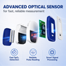 An infographic-style product graphic for a medical oxygen saturation and pulse monitor. The image shows the device disassembled into several parts, including blue and white casing, a green circuit board, and a white sensor, with text reading 'ADVANCED OPTICAL SENSOR for fast, reliable measurement' and feature icons for 'Fast SpO2 Detection', 'Reliable Pulse Reading', and 'Smart Signal Processing'.