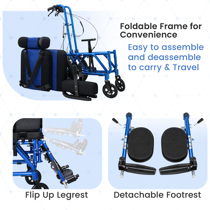 Foldable wheelchair with features highlighted on a blue background