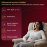Woman using a heating pad with features listed on a red background