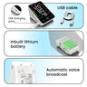Product features including USB charging point, inbuilt lithium battery, and automatic voice broadcast on a blue background.