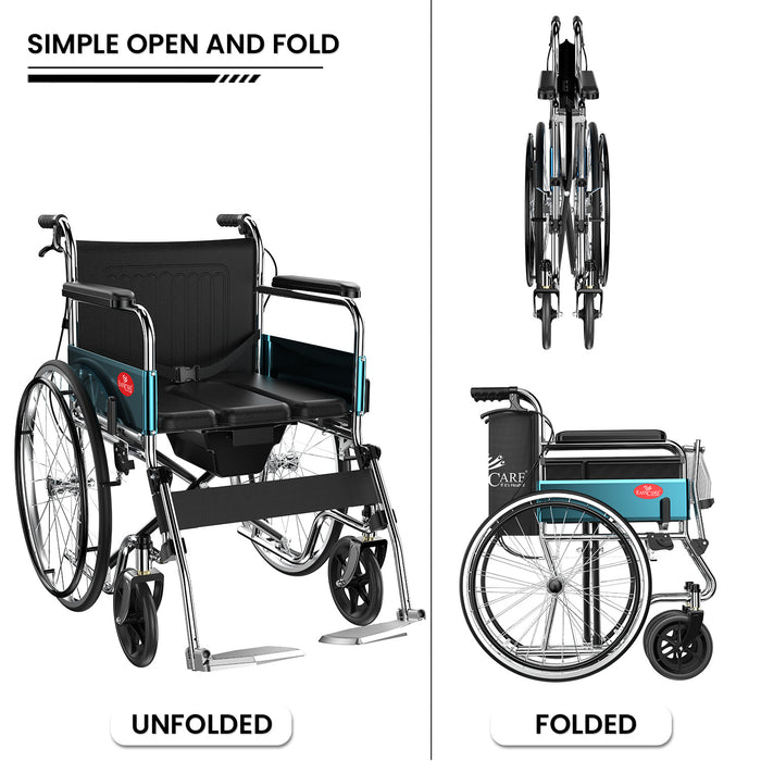 EasyCare EC608CL 24" Premium Imported Folding Wheelchair with Commode | Self-Propelled chrome plated Frame, Flip-up Leg Rest, Hand & Attendant Brake | Wheel chair's for old people and Patients at Home