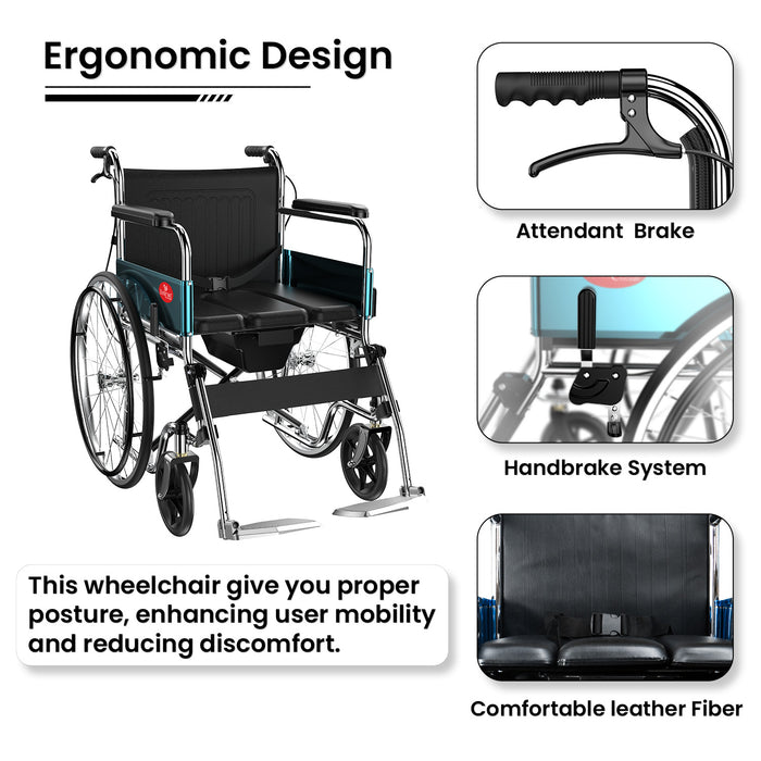 EasyCare EC608CL 24" Premium Imported Folding Wheelchair with Commode | Self-Propelled chrome plated Frame, Flip-up Leg Rest, Hand & Attendant Brake | Wheel chair's for old people and Patients at Home