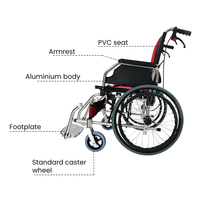 EASYCARE Portable Aluminium Wheelchair with Locking Hand Brakes, 20” Rear Wheels, Foldable Backrest, Capacity upto 120 Kg