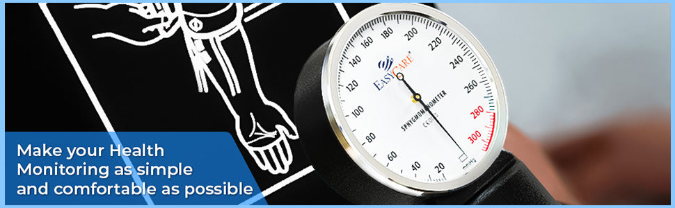 blood pressure monitor with a blurred background and text about health monitoring.