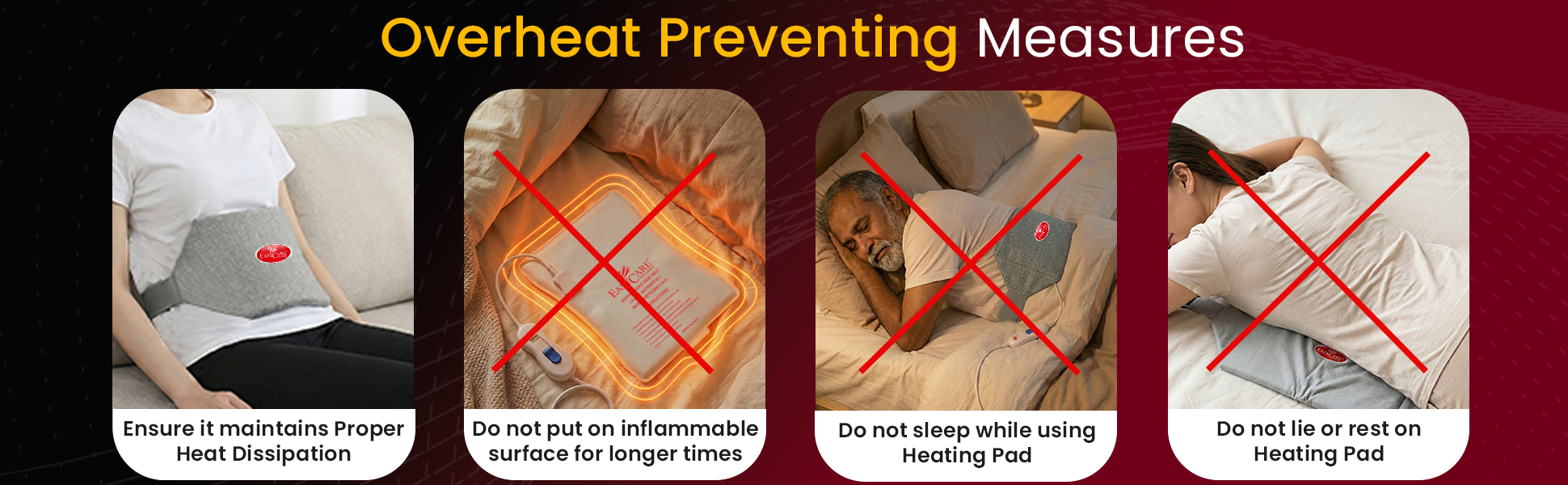 Illustrations showing overheating prevention measures of heating pad with text on a red background.