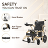 Electric wheelchair with safety features highlighted on a white background