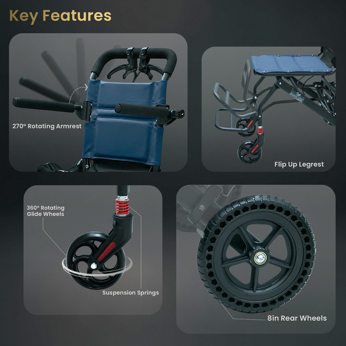 EASYCARE Portable Mild Steel Traveling Wheelchair with 105 kg Weight Capacity, Attendant Brake, Safety Belt, Back Pocket, Carry Bag, and Smooth Mobility for Travel (EC9005)