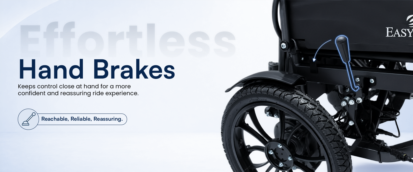 Electric Wheelchair with hand brakes on a light gray background, featuring the brand 'EASY'.