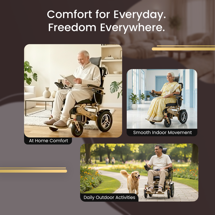 Electric wheelchair with text 'Comfort for Everyday. Freedom Everywhere.' in a lifestyle setting.