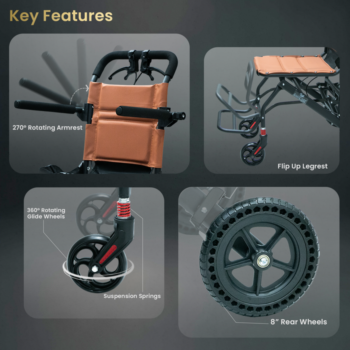 EASYCARE Portable Mild Steel Traveling Wheelchair with 105 kg Weight Capacity, Attendant Brake, Safety Belt, Back Pocket, Carry Bag, and Smooth Mobility for Travel (EC9005)