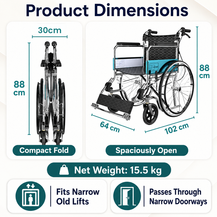 Wheelchair dimensions and features on a white background