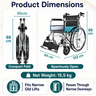Wheelchair dimensions and features on a white background