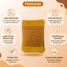 heating pad with features listed on a beige background