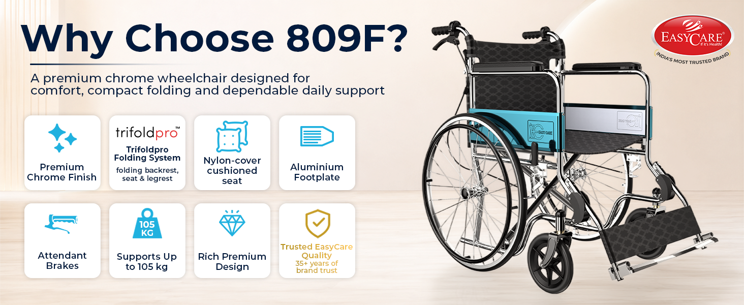 809F wheelchair with features listed on a beige background