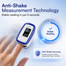 A fingertip pulse oximeter shown worn on a person's finger, with marketing text reading 'Anti-Shake Measurement Technology' and a circular graphic indicating stable reading in 5 seconds.