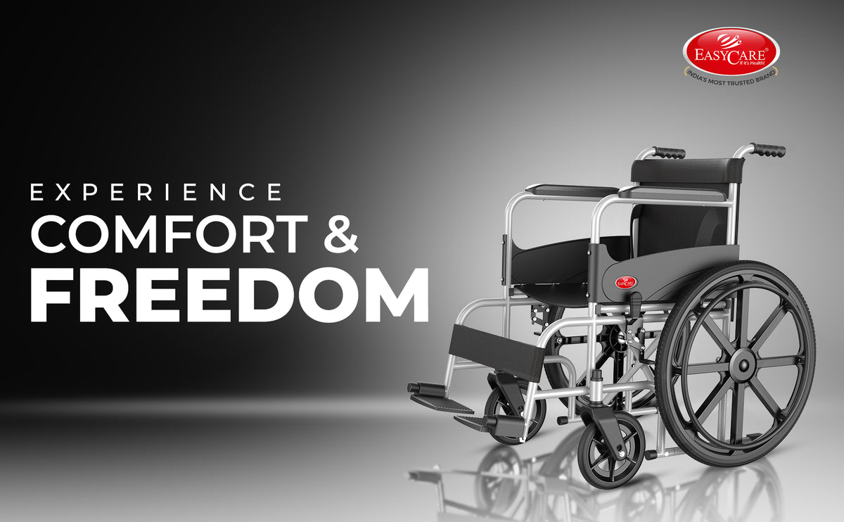 Wheelchair with 'Easycare' logo and text 'Experience Comfort & Freedom' on a dark background