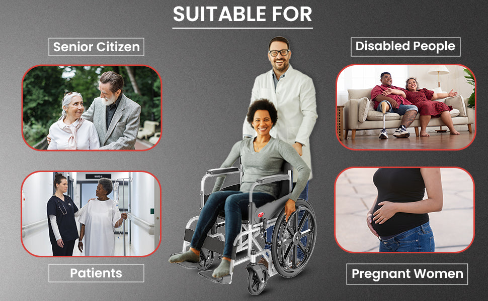 wheelchair suitability for various groups including senior citizens, disabled people, patients, and pregnant women on a gray background.