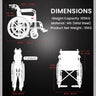 Wheelchair dimensions and specifications on a black background