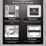 Product key features of a wheelchair with labeled safety belt, back pocket, foldable footplate, and calf support on a gray background.