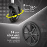 Illustration of wheelchair's wheels with text highlighting features like '8 Inch Flexible Front Castor Wheel' and '24 Inch Rear Mag Wheels'.