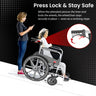 Wheelchair with press lock mechanism and woman using smartphone, on a black background with text about safety features.