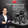 Promotional image of a powder-coated mild steel wheelchair with attendant brake, featuring a man and Easycare branding.