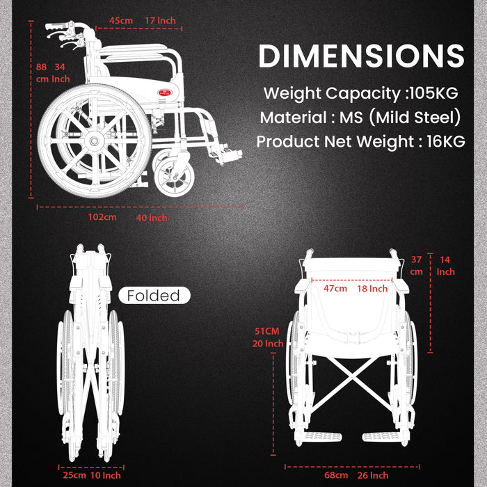 Foldable Wheelchair for Elderly & Patients | Self-Propelled | MS Frame with Hammered Finish | Travel-Friendly, Indoor Use | Adjustable Seat Belt & Comfortable Footrests (EC700_BR_LOCK)