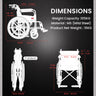 Wheelchair dimensions and specifications on a black background