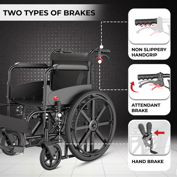 Foldable Wheelchair for Elderly & Patients | Self-Propelled | MS Frame with Hammered Finish | Travel-Friendly, Indoor Use | Adjustable Seat Belt & Comfortable Footrests (EC700_BR_LOCK)