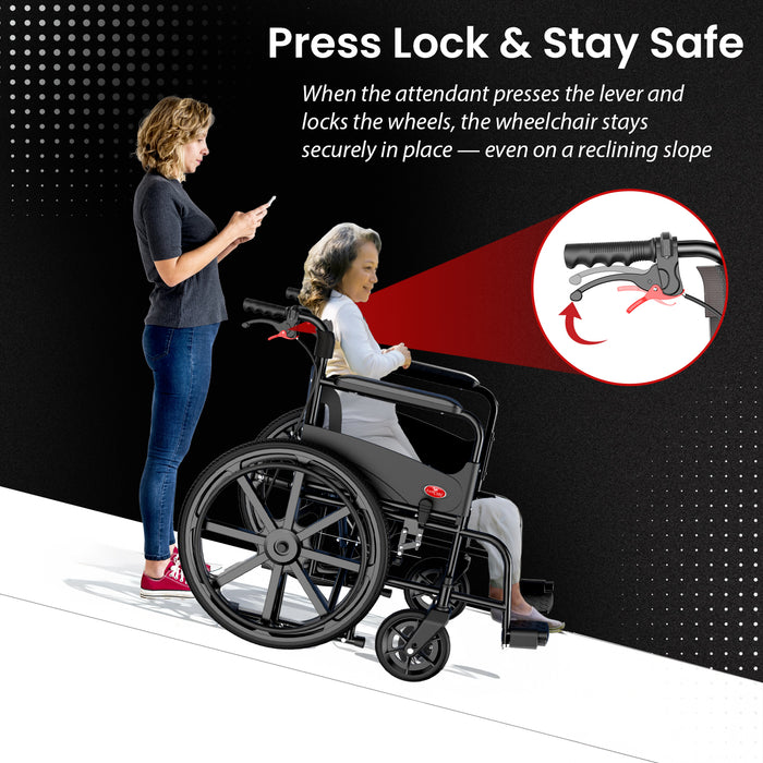 Foldable Wheelchair for Elderly & Patients | Self-Propelled | MS Frame with Hammered Finish | Travel-Friendly, Indoor Use | Adjustable Seat Belt & Comfortable Footrests (EC700_BR_LOCK)