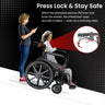 Illustration of a wheelchair with a lever system for safety, showing a woman using a smartphone.