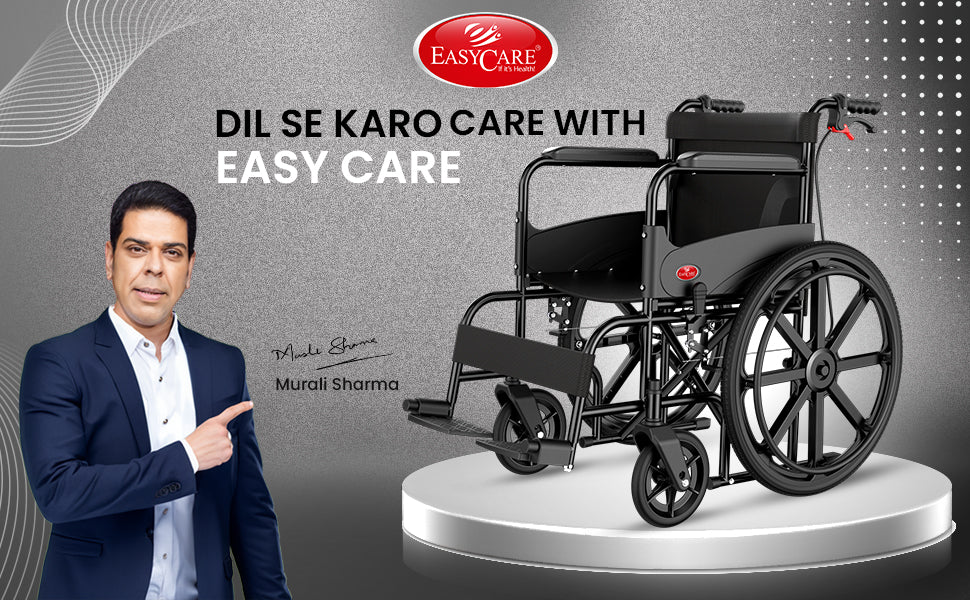 Wheelchair with Easy Care branding and a person pointing towards it on a gray background.