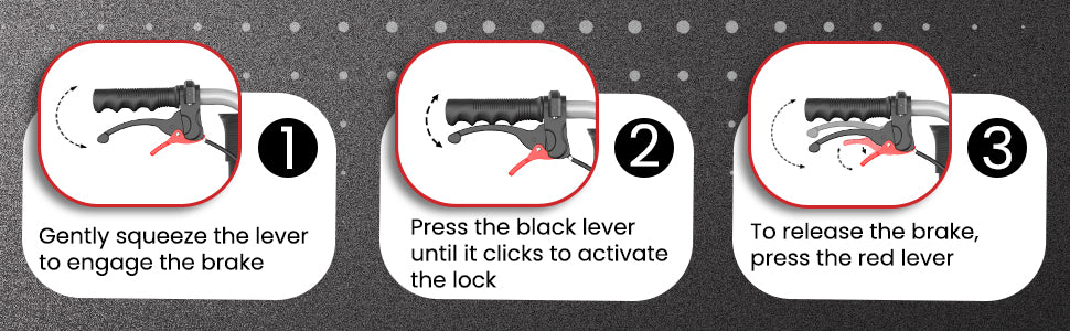 Step-by-step instructions for using a brake lever on a wheelchair, with labeled actions and icons.