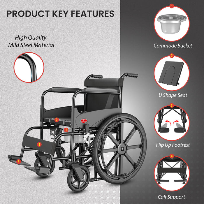 Easycare U Cut Commode Wheelchair for Old People and Patient, Suitable for Indoor & Travel-Friendly with Adjustable & Comfort Seat Belt with Footrests, Wheel Chair for Toilet