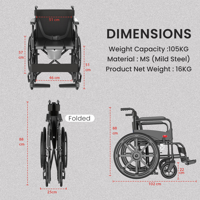 Easycare U Cut Commode Wheelchair for Old People and Patient, Suitable for Indoor & Travel-Friendly with Adjustable & Comfort Seat Belt with Footrests, Wheel Chair for Toilet