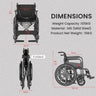 Wheelchair with measurements and specifications on a gray background