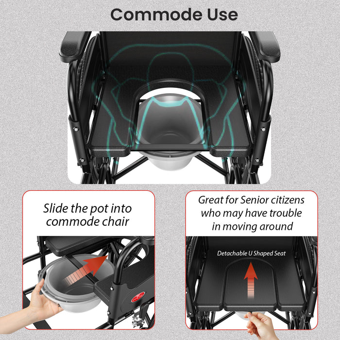 Easycare U Cut Commode Wheelchair for Old People and Patient, Suitable for Indoor & Travel-Friendly with Adjustable & Comfort Seat Belt with Footrests, Wheel Chair for Toilet